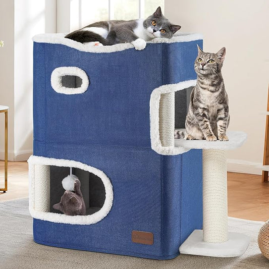 YITAHOME 2-Tier Cat House: Indoor Cat Cave Bed Playhouse, Covered Cat Beds & Furniture with Scratch Pad and Hideaway Cave, Cute Modern Cat Condo Furniture for Multi Small Cats, Blue