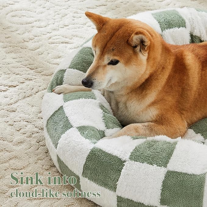Checkered Dog Bed, Cute Sage Green Retro Style Aesthetic Round Warming Pet Calming Beds for Small Dog and Cats, Plush Cozy Donut Washable, 30" L x 30" W x 8" Th