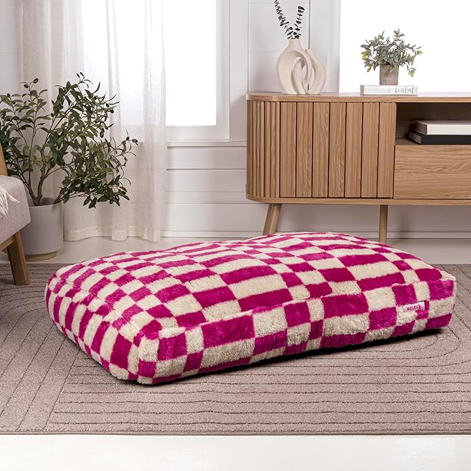 DBD3001H-M Mabel 35" x 23" Designer Modern Ultra Soft Reversible Plush Rectangular Pet Bed with Washable Cover, Raspberry Check