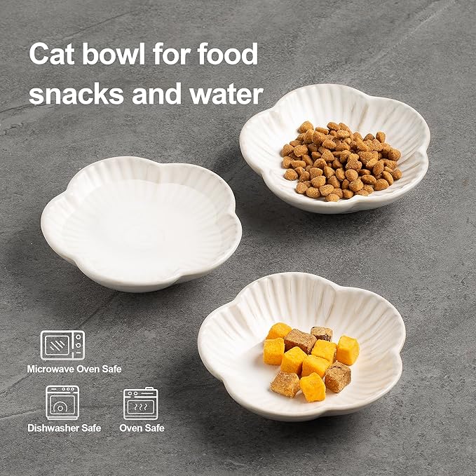 Cat Food Bowls, Ceramic Cat Plates, Dish for Food, Water and Snack, 4.72 Inch, Indoor and Outdoor Use, Kitten Puppy and Small Animals Bowls Set of 3 (White)