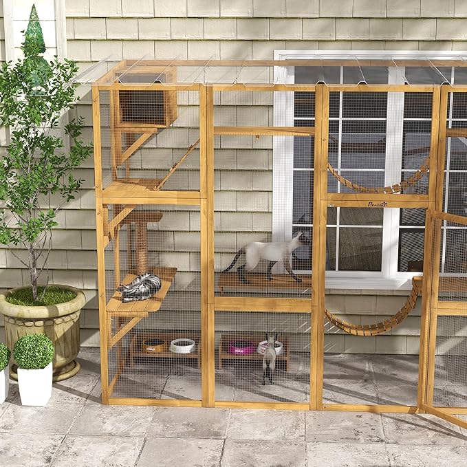 PawHut Catio Outdoor Cat Enclosure Window, Outdoor Cat House with Weather Protection Roof for Multiple Kitties, Wooden Frame, Shelves & Bridges, 118" x 37.5" x 74", Yellow