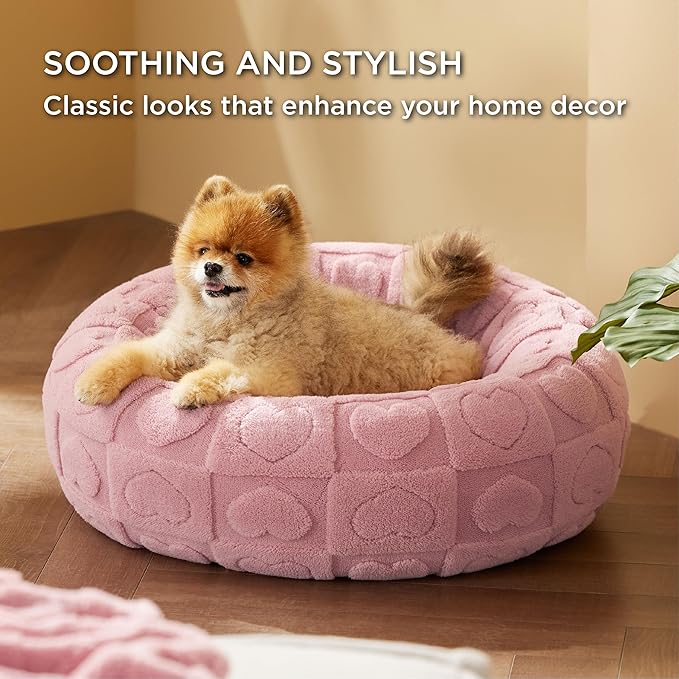 Bedsure Dog Bed for Small Dogs - Donut Pet Bed for Puppy Kitten with Anti Slip Bottom, Round Sherpa Dog Beds with Washable Removable Cover, Pink, 23x23x8 inches