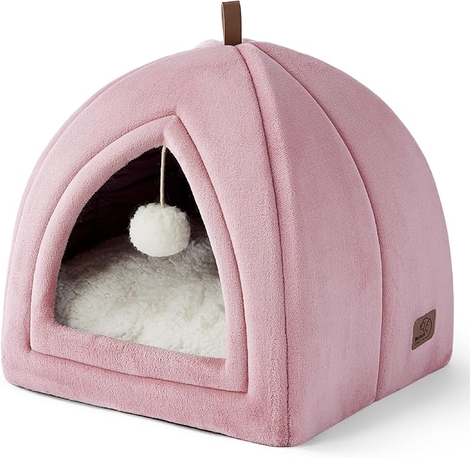 Bedsure Cat Beds for Indoor - 2 in 1 Cat Cave House Tent for Kittens and Small Pets with Removable Washable Cushioned Pillow, Foldable Kitten Hideaway with Non-Slip Bottom, Pink, 17.3 inches