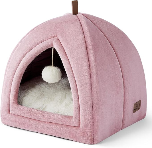 Bedsure Cat Beds for Indoor - 2 in 1 Cat Cave House Tent for Kittens and Small Pets with Removable Washable Cushioned Pillow, Foldable Kitten Hideaway with Non-Slip Bottom, Pink, 17.3 inches