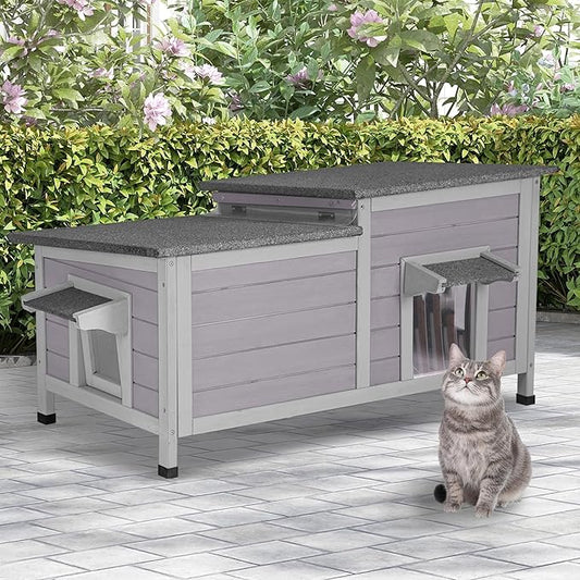 GUTINNEEN Outdoor Cat House Weatherproof, Large Cat Shelter with Openable Roofs, Feral Kitty Shelter with Elevated Base, PVC Curtain