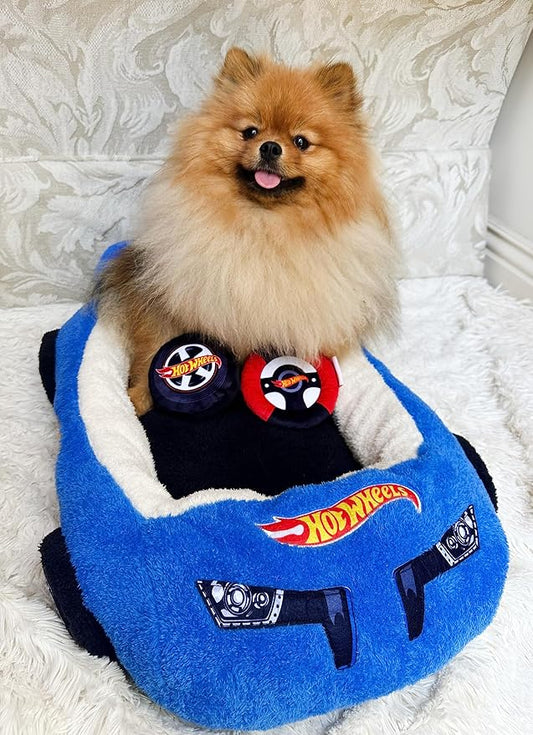 Hot Wheels Plush Car Pet Bed – Themed Blue Car Design for Dogs and Cats with Toy Steering Wheel and Tire