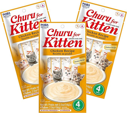INABA Churu for Kittens, Grain-Free Creamy, Purée Lickable Cat Treats with DHA, EPA, Vitamin E & Taurine, 0.5 Ounces Each, 12 Tubes (4 per Pack), Chicken Recipe