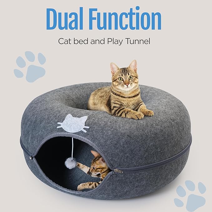 Meow Mansion Large Cat Cave Donut - Cat Tunnel; up to 30lbs - 3 Toy Balls & Hanging Ball Included - Scratch Resistant, Detachable and Cleanable Cat Donut Bed