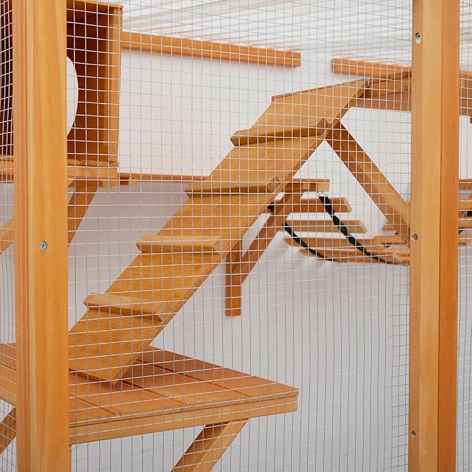 Merax 118 Inch Wooden Catio Outdoor Cat Enclosure,Large Luxury Kitty-House with 6 Jumping Platforms, 2 Bridges & Transparent PVC Roof, Kitty Kennel Condo Shelters and a Napping House, Natural