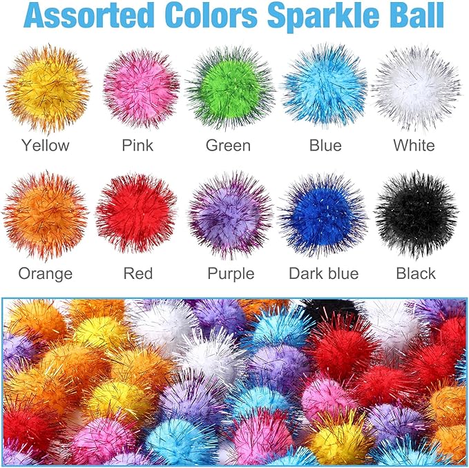 Poen 300 Pieces Cat Toy Fuzzy Balls 1.8 Inch Assorted Color Pom Pom Interactive Tinsel Balls for Indoor Cats