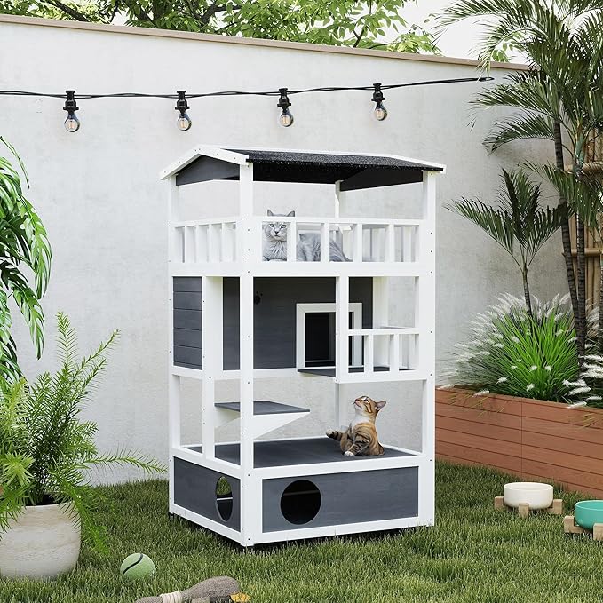 PawHut Wooden Outdoor Cat House, Feral Cat Shelter Kitten Condo with Asphalt Roof, Escape Doors, Condo, Jumping Platform, Gray