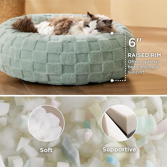 Bedsure Cat Beds for Indoor Cats - Donut Dog Beds for Small Dogs Puppy Kitten with Anti Slip Bottom, Round Sherpa Pet Beds with Washable Removable Cover, Garden Green, 20x20x6 inches
