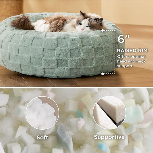 Bedsure Cat Beds for Indoor Cats - Donut Dog Beds for Small Dogs Puppy Kitten with Anti Slip Bottom, Round Sherpa Pet Beds with Washable Removable Cover, Garden Green, 20x20x6 inches