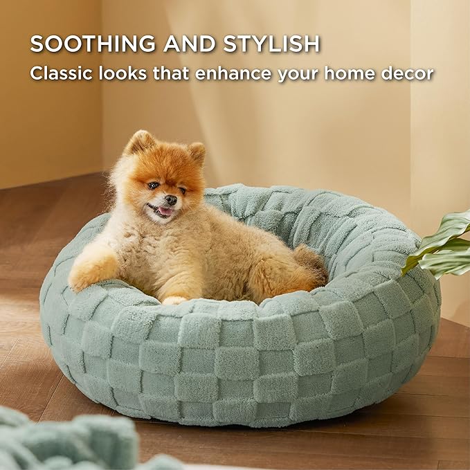 Bedsure Dog Bed for Small Dogs - Donut Pet Bed for Puppy Kitten with Anti Slip Bottom, Round Sherpa Dog Beds with Washable Removable Cover, Garden Green, 23x23x8 inches