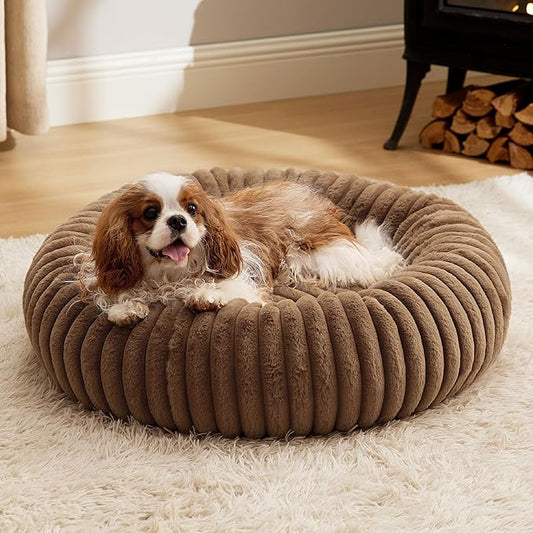 Bedsure Donut Medium Dog Bed - Washable Faux Fur with Corduroy Fleece & Anti Slip Bottom, Round Pet Bed with Removable Cover, Copper Brown, 30x30x8 inches