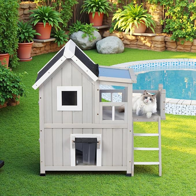 Outdoor Cat House, Cat Shelter for Feral Cats, Weatherproof 2-Story Wooden Cat House with Escape Door for 2-3 Cats