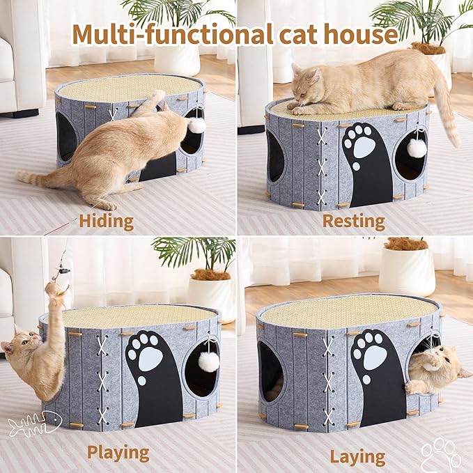 Cat House for Indoor Cats, 23" x 15" x 12" Large Felt Covered Cat Cave for Multiple Cats,Clawsable Enclosed Cat Hideout Houses & Condos with Fluffy Ball,Cozy Scratch Resistant House for kitty
