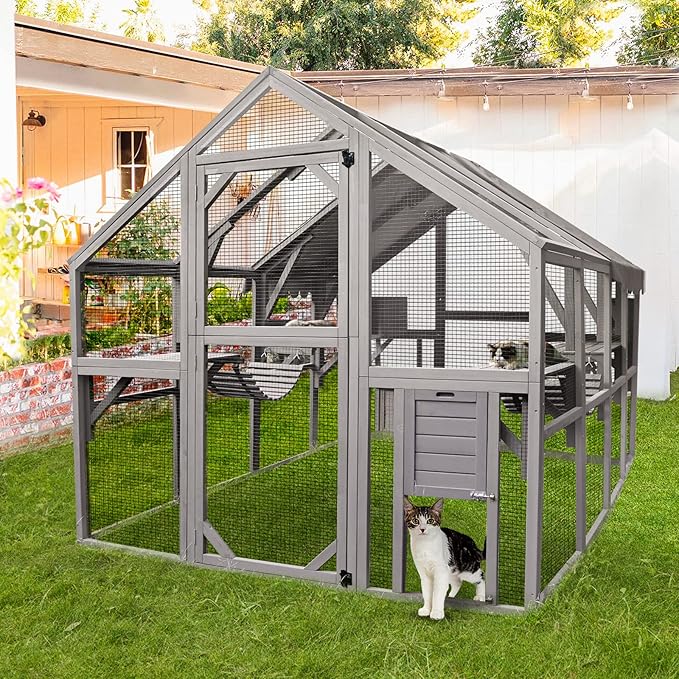 Aivituvin Catio Outdoor Cat Enclosure Large Cat Run with Bridges, Walks, Small Houses, Roof Cover 110"