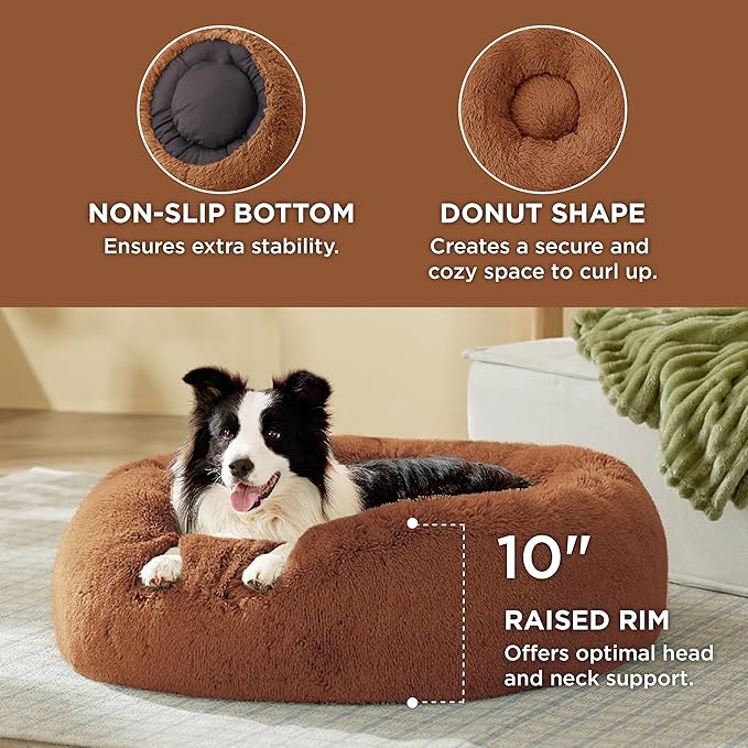 Bedsure Calming Dog Bed for Large Dogs - Donut Washable Large Pet Bed, 36 inches Anti-Slip Round Fluffy Plush Faux Fur Dog Bed, Fits up to 80 lbs Pets, Caramel