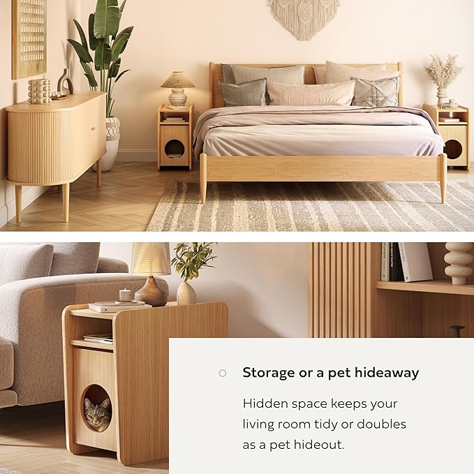 WERMO 12'' Cat Hideaway Side Table - Cat House for Indoor Cats and Enclosed Bed Cave and Hideout for Small Pets with Magazine Holder & Storage Doubling as Narrow End Table, Wood Night Stand (Oak)