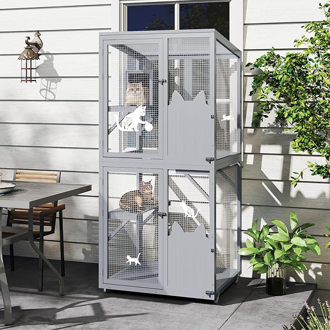 COZIWOW Catio Outdoor Cat Enclosure Window Access, Outdoor Cat House with Wheels, Cage for Cats Indoor(Grey, Medium)