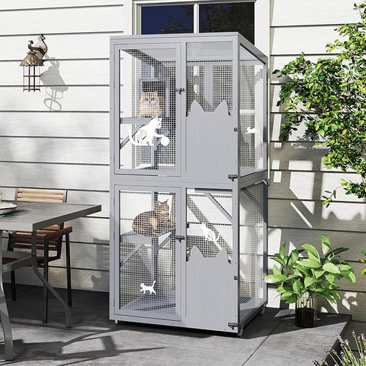 COZIWOW Catio Outdoor Cat Enclosure Window Access, Outdoor Cat House with Wheels, Cage for Cats Indoor(Grey, Medium)