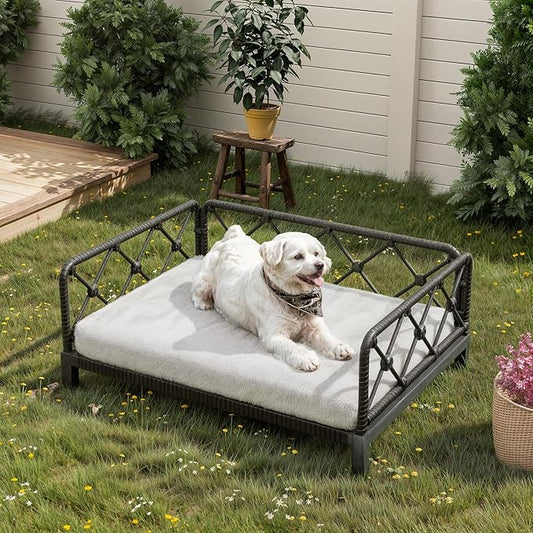 Dog Bed with Cushion, Cooling Elevated Raised Beds with Rattan Breathable Mesh and Universal Mat, Indoor & Outdoor Pet Cots for Small Dog, Black