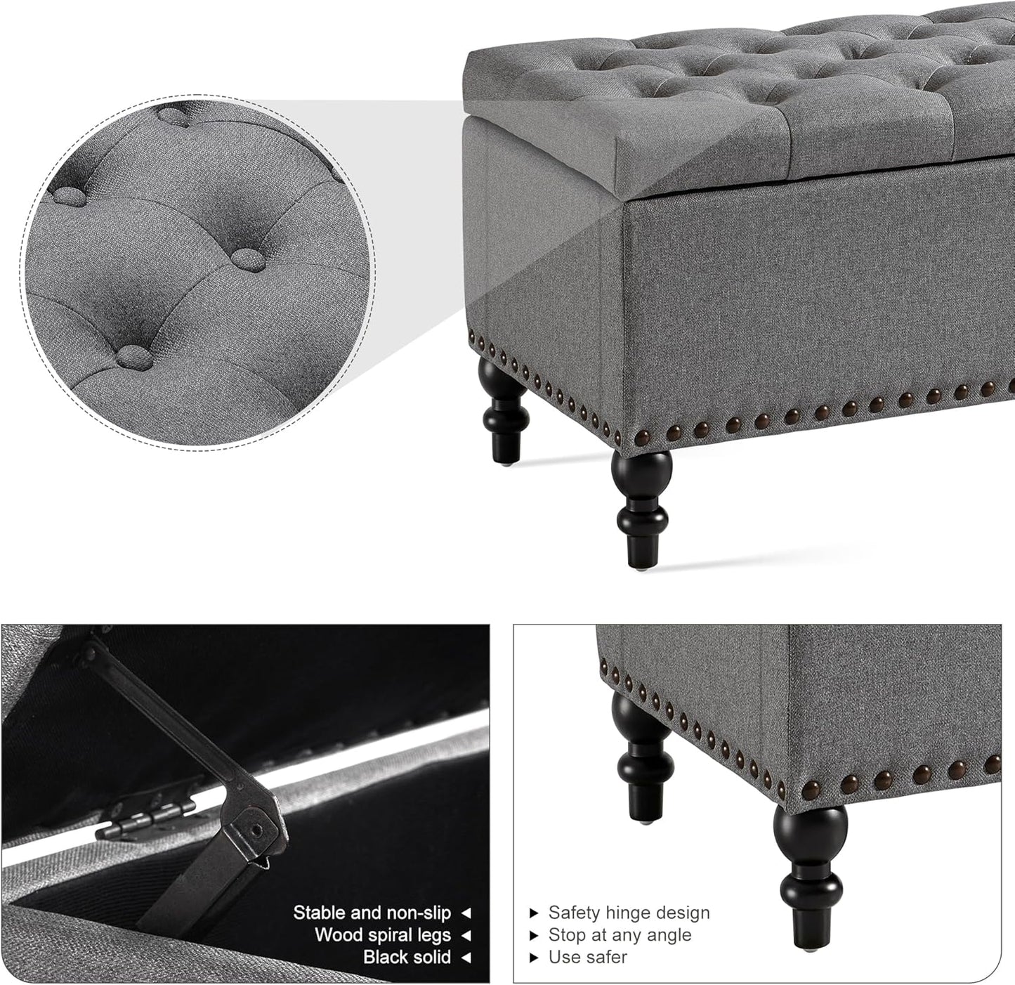 Ottoman with Storage,50.2-inch Upholstered End of Bed Storage Bench for Bedroom,for The Living Room,for Entryway, with Rivets & Button and Safety Hinges,Detachable (Grey)