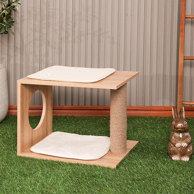 Modern Cat Tree & Condo - Natural Wooden Cat House Indoor with Cozy Kitten Bed, Elevated Perch & Integrated Scratching Post - Stylish Cat Furniture (18.3" D x 14.6" W x 14.6" H)