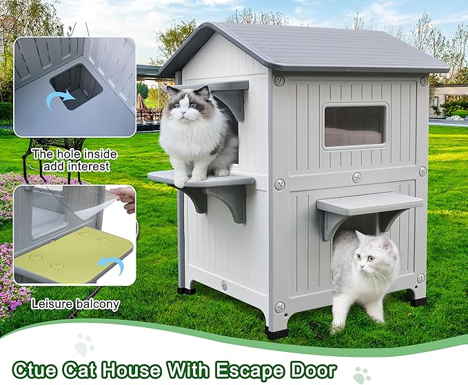 Rockever Luxury Plastic Outdoor Indoor Cat House with Escape Door, Waterproof 2 Story Outdoor Houses for Feral Cats Outside Cat Shelter, Spacious, Clean and Assemble Easily