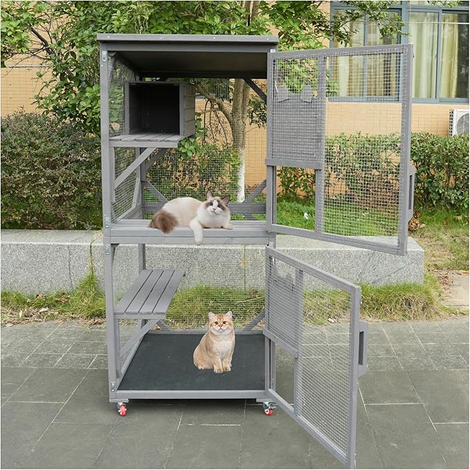 Cat House Wooden Cat Cage with Asphalt Roof, Outdoor Cat House, Wooden Cat House with Lounge Box, Large Kitten Apartment Cage Enclosure