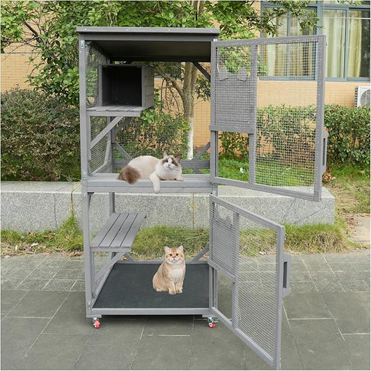 Cat House Wooden Cat Cage with Asphalt Roof, Outdoor Cat House, Wooden Cat House with Lounge Box, Large Kitten Apartment Cage Enclosure