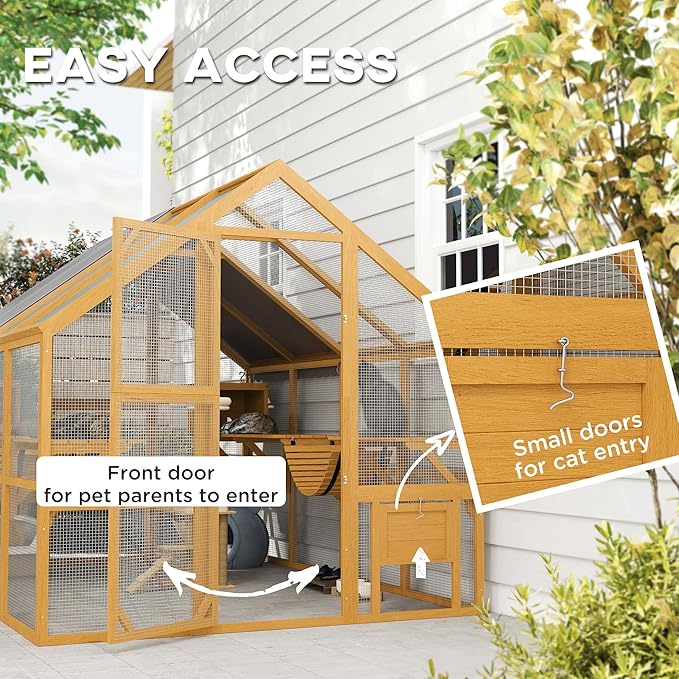 PawHut Large Catio Outdoor Cat Enclosure for Multiple Kittens, Wooden Cat House with Waterproof Cover, Walk in Kitty Cage Kennel with 2 Condos, 6 Platforms, Bridge, Doors, 110" x 73" x 74", Yellow