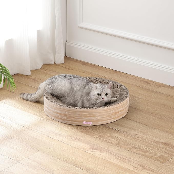 CSR1010J Nelson 20.13" Modern Cardboard Round Bowl Cat Scratcher with Catnip, Oak Wood