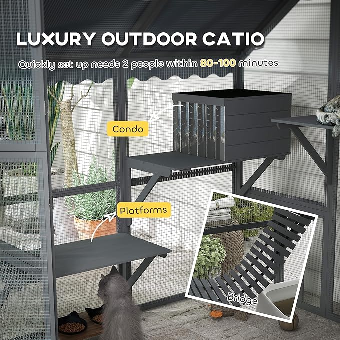 PawHut Large Catio Outdoor Cat Enclosure for Multiple Kittens, Wooden Cat House with Waterproof Cover, Walk in Kitty Cage Kennel with 2 Condos, 4 Platforms, Bridge, Doors, 73" x 55" x 74", Gray