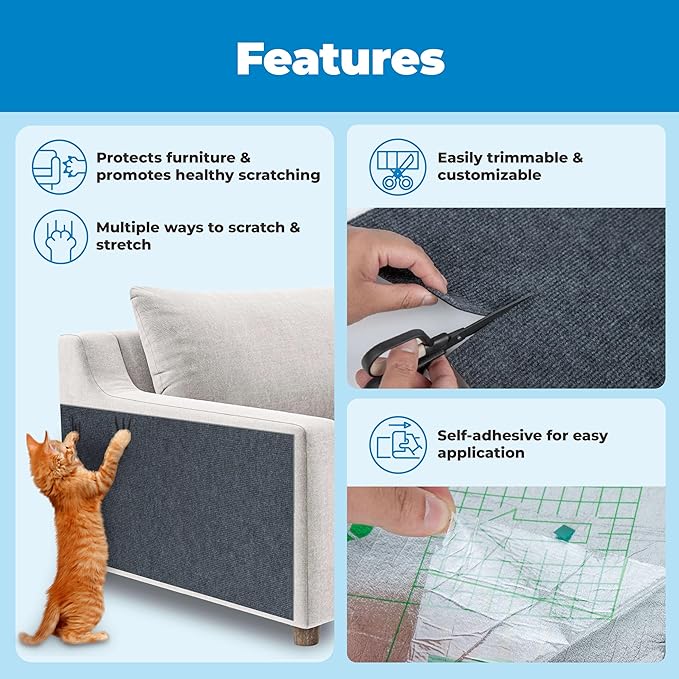Best Pet Supplies Catify Peel & Stick Cat Scratching Mat – Self-Adhesive, Trimmable Cat Scratch Pad Cover - Carpet, Sofa, Furniture Protector – Replaceable Adhesive Stickers - Gray & 39.4 x 15.8