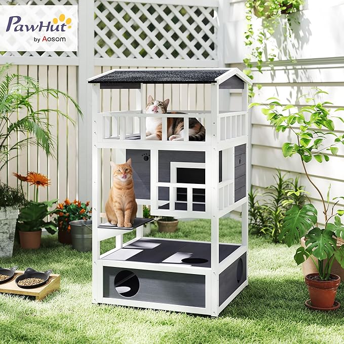PawHut Wooden Outdoor Cat House, Feral Cat Shelter Kitten Condo with Asphalt Roof, Escape Doors, Condo, Jumping Platform, Gray