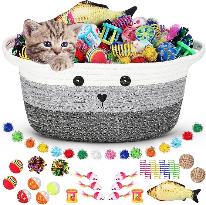 Zopeal 58 Pcs Cat Storage Basket Gift Toys Set, Colorful Flashing Balls Pet Bell Crinkle Balls Spring Toys Attract Cat to Swat, Bite, Hunt, Interactive for Pet (Multicolor,12 Inch)