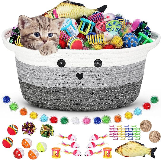 Zopeal 58 Pcs Cat Storage Basket Gift Toys Set, Colorful Flashing Balls Pet Bell Crinkle Balls Spring Toys Attract Cat to Swat, Bite, Hunt, Interactive for Pet (Multicolor,12 Inch)