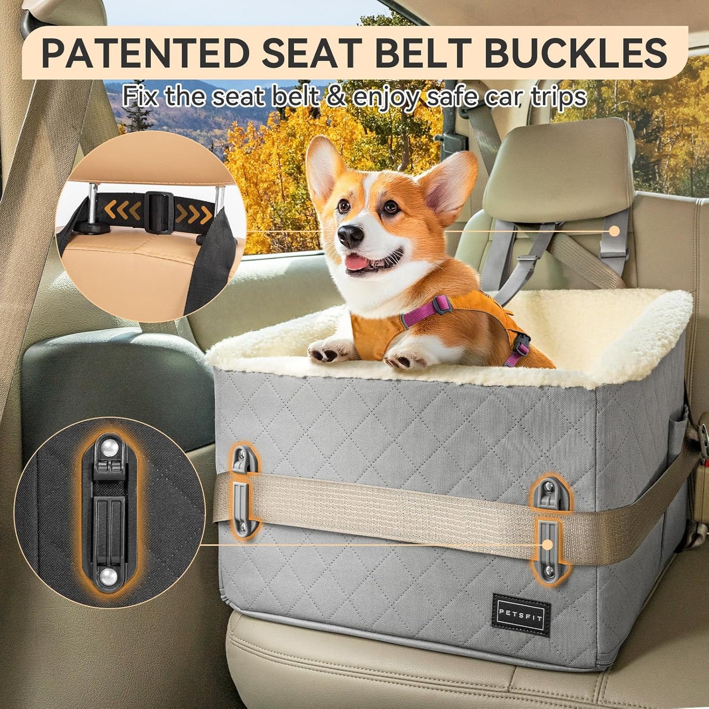 PETSFIT Small Dog Car Seat, Soft Foam Dog Booster Car Seat with Patented Safety Buckles, Storage Pockets and Detachable Clip-On Safety Leash, Dog Car Seat for Medium Dogs 30 LBS (Grey)