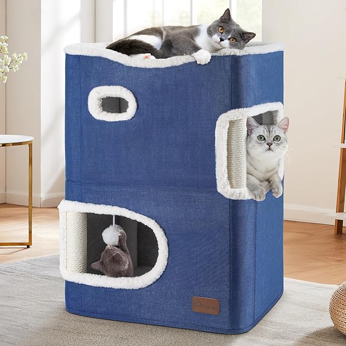 YITAHOME 2-Tier Cat House, Indoor Cat Cave Bed Playhouse, Flannel & Cool Mat, Covered Cat Beds with Scratch Pad and Hideaway Cave, Cute Modern Cat Condo Furniture for Multi Small Cats, Blue