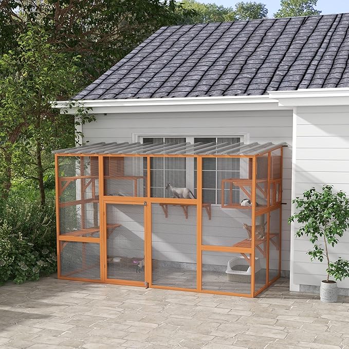 PawHut Catio, Outdoor Cat Enclosure Window Box, Wooden Cat House Playground with Scratching Posts, Weather Protection Roof for 1-5 Kitties, Resting Boxes, 118" x 55" x 75.5", Orange