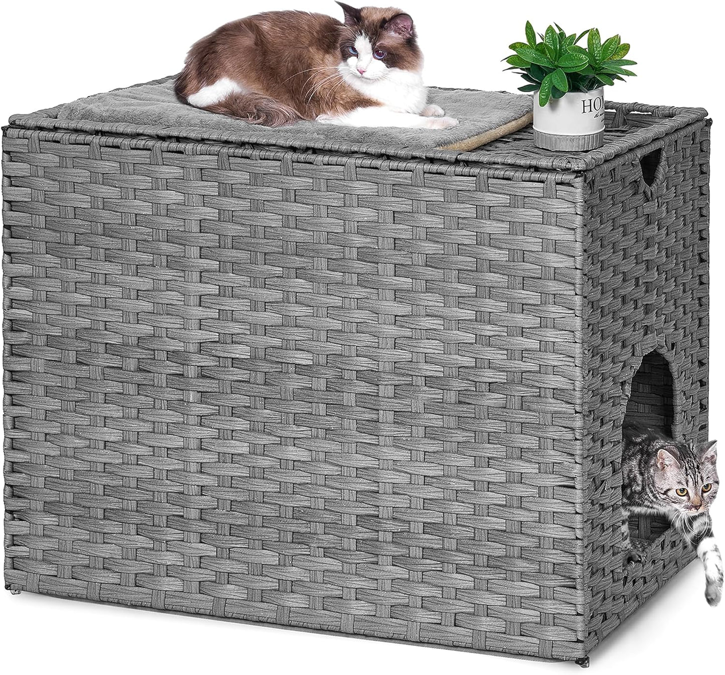 Cat Litter Box Enclosure with Litter Trapping Mat; Handwoven Plastic Rattan Cat House; No Installation Hidden Cat Washroom; Pet Crate for Balcony,Bedroom,Living Room