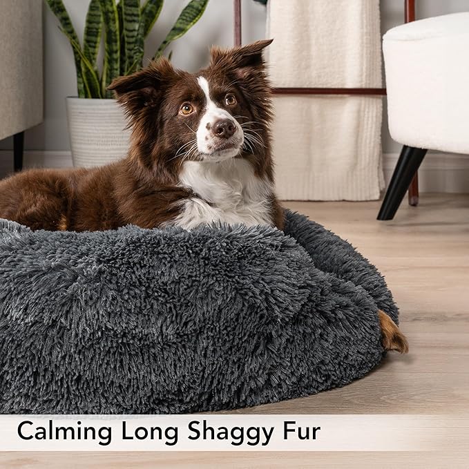 PetAmi Calming Dog Bed for Small Medium Dog Cat, Round Donut Washable, Fluffy Faux Fur Plush Cuddler Pet Kitten Cushion, Anti-Slip, Fits up to 25 lbs, 23 inch, Dark Gray