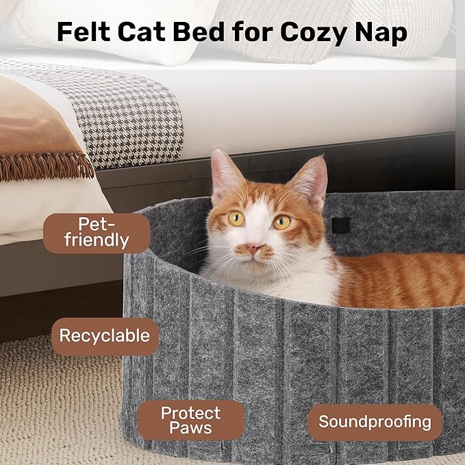 FUKUMARU Cat Beds for Indoor Cats, 24 Inch Large Cat Couch Bed with Cozy Faux Rabbit Fur Cushion, Felt Cats House Sofa in Oval Shape, Grey