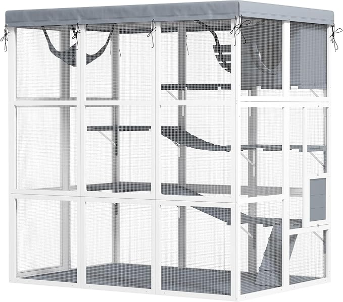 PawHut Catio Outdoor Cat Enclosure, Large Luxury Cat House Outside with Hammock, Condo, Jump Platforms, Ladders, Ramps, Tarp, Walk in Cat Cage for 2-4 Large Cats, 71"