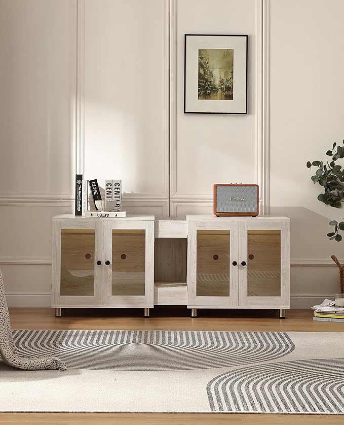 Double Cat Litter Box Enclosure for 2 Cats,Modern Double Litter Box Furniture with 7 Colors LED and Built-in Power Outlet,Large Cozy Cat Home,4 Glass Doors for Better Viewing, (White)