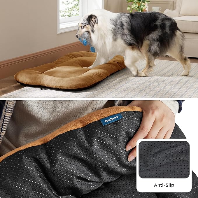 Bedsure Washable Dog Crate Pad for Medium Dogs, Anti-Slip Puppy Kennel Dog Bed for Crate - Ultra Soft Fleece Flat Thin Pet Mat (Not Chew Proof), Brown 29"x21"