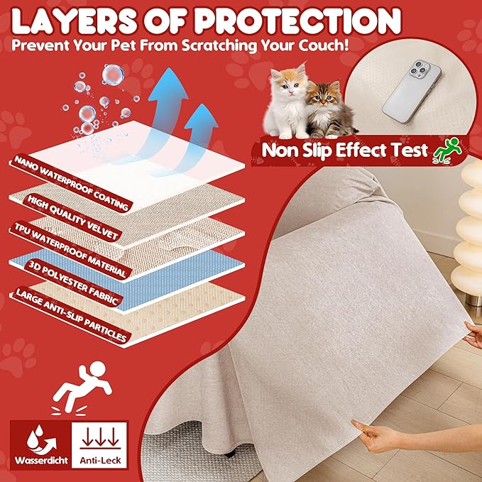 Cat Scratch Furniture Protector - Anti-Slip, Waterproof Sofa Cover to Keep Cats Off, Pet-Friendly Couch Protectors for 3 Cushion Couch, Khaki Anti-Scratch Couch Cover for Pets and Kids 150"X71"