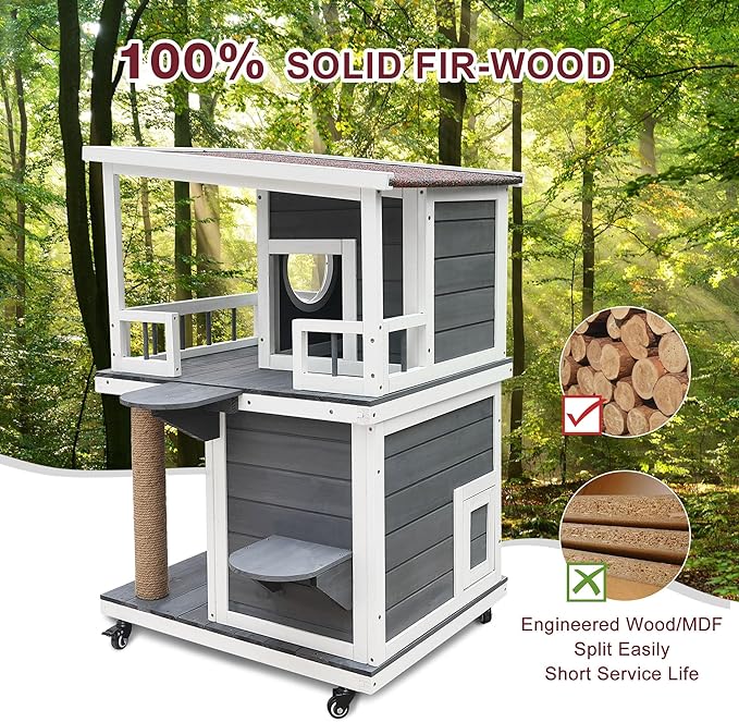 Rockever Outdoor Cat House, 2 Story Outdoor Cat Houses for Feral Cats Wooden Outside Cat Shelter Weatherproof with Escape Door & Cat Scratching Post